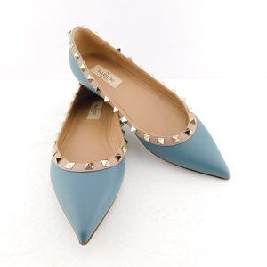 VALENTINO Rockstud Pastel Blue Leather Pointed Toe Ballet Flats 38